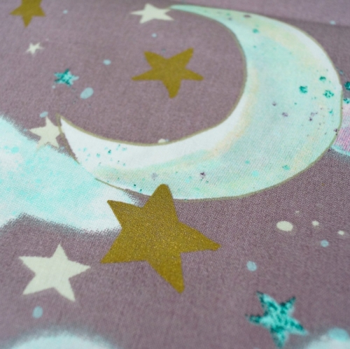 Baumwolle Mond Sterne Mauve mit Glitzer